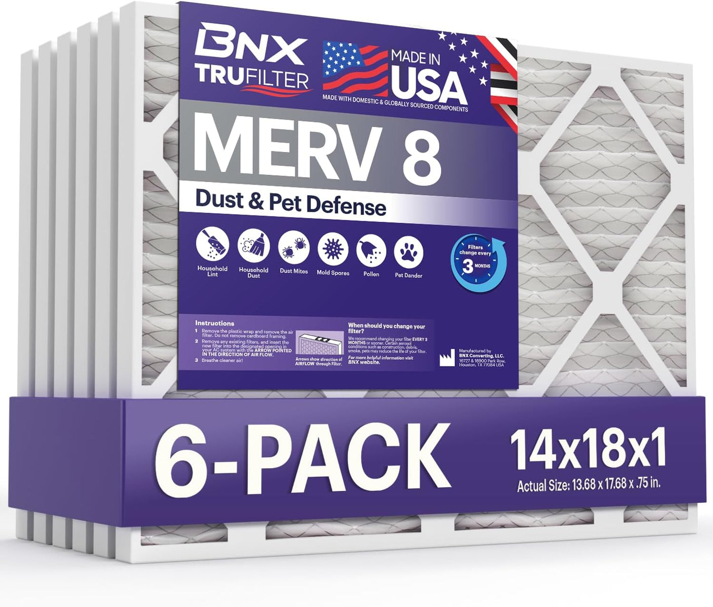 BNX TruFilter 14x18x1 Air Filter MERV 8 (6-Pack) - MADE IN USA – Dust & Pet Defense Electrostatic Pleated Air Conditioner HVAC AC Furnace Filters for Dust, Pet, Mold, Pollen MPR 600 – 700 & FPR 5