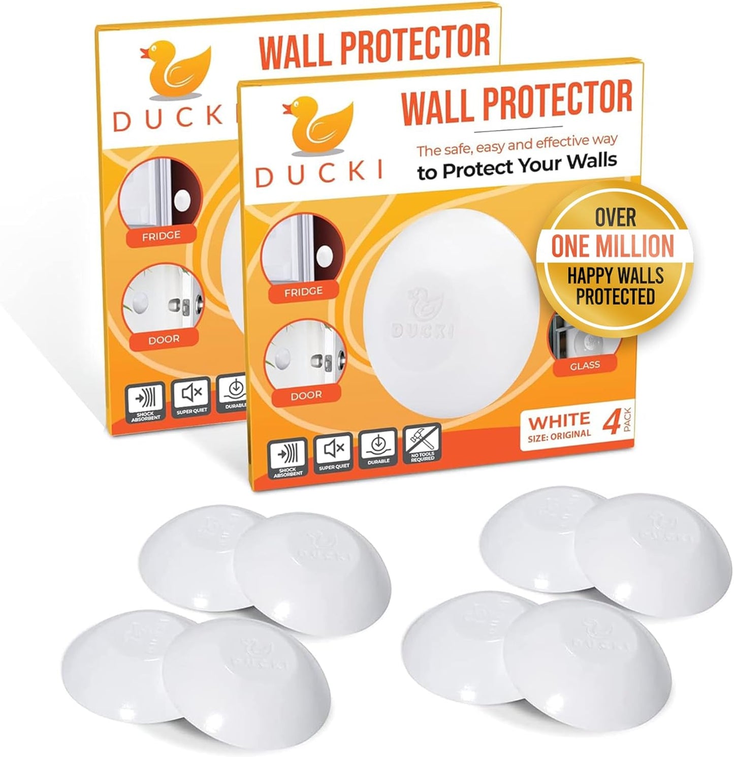 Ducki Door Stop Wall Protector | Self Adhesive Door Knob Wall Protectors from Door Knobs | Rubber Door Stoppers for Wall Damage & Noise | Durable, Shock Absorbent & Discreet | 8 Pack White Door Stops
