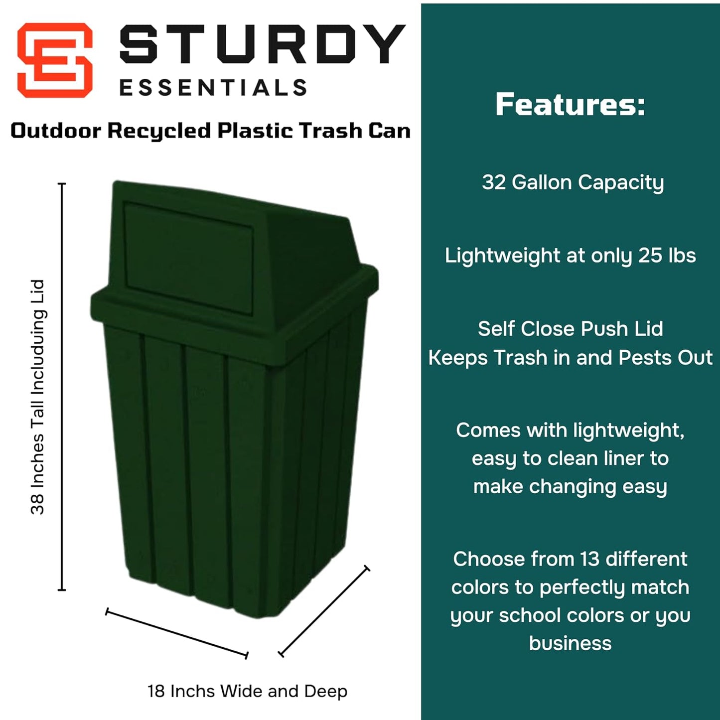 32 Gallon Square Slatted 100% Recycled Plastic Heavy-Duty Commercial Outdoor or Indoor Trash Can with Push Top Lid | Great for Schools and Businesses - Green Granite