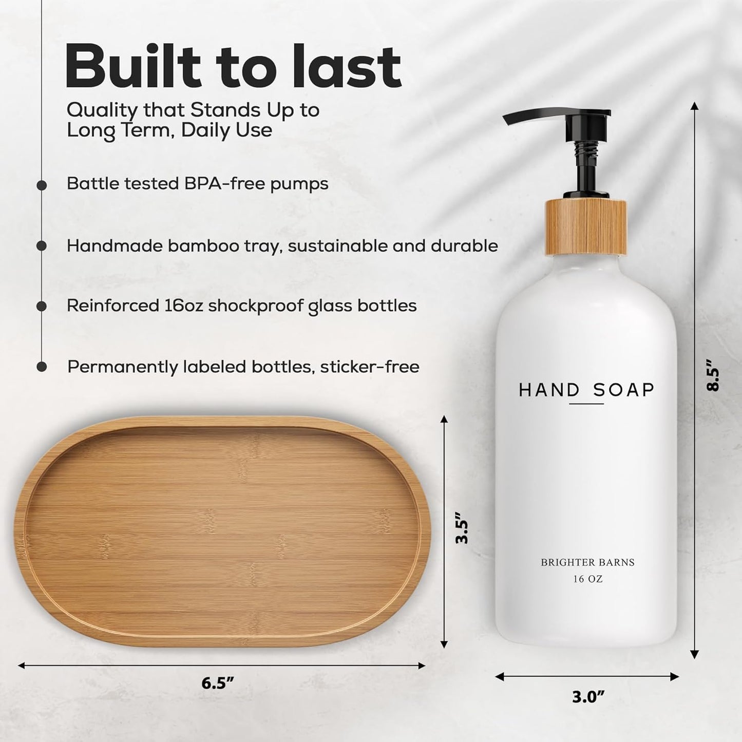 Luxury Glass Hand and Dish Soap Dispenser Set by Brighter Barns - Kitchen Soap Dispenser Set with Tray - Bamboo Pump Bottle for Kitchen Sink - Boho Home Decor, Modern Decor in Restaurant (Black/White)