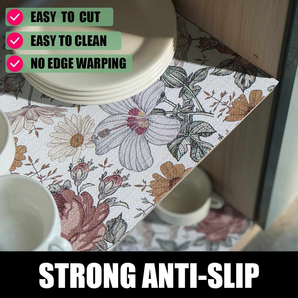 Floral Drawer Shelf Liners, 16IN x 10FT Non Adhesive and Strong Non-Slip Cabinet Drawer Shelf Liners for Kitchen Wire Fridge, Waterproof Shelf Liner,Easy to Clean