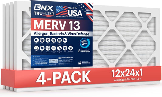 BNX TruFilter 12x24x1 Air Filter MERV 13 (4-Pack) - MADE IN USA - Electrostatic Pleated Air Conditioner HVAC AC Furnace Filters for Allergies, Pollen, Mold, Bacteria, Smoke, Allergen, MPR 1900 FPR 10