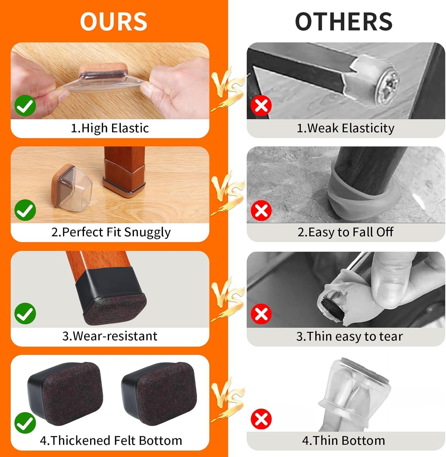 Ezprotekt 8 Pcs Rectangle Black Felt Chair Leg Floor Protectors for Hardwood Floors, Rectangle Silicone Chair Leg Caps, Furniture Leg Covers Cups for Chair Table (Fit L :1.3-1.7", W: 0.6-0.9")