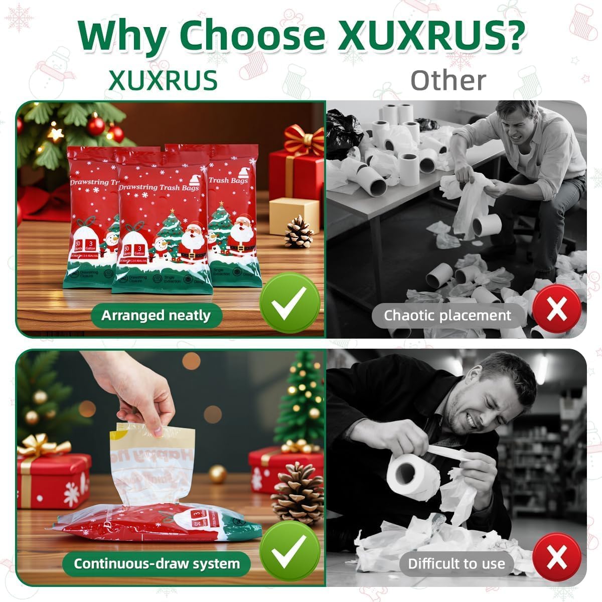XUXRUS Small Christmas Trash Bags, 3 Gallon Christmas Garbage Bags 50 Count, Holiday Trash Bags, Festive Gold Printed Drawstring Garbage Bags for Kitchen & Bathroom, Holiday Supplies