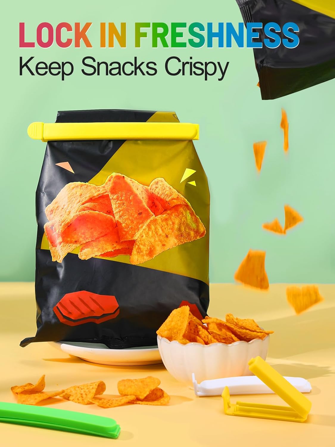 60 PCS Colorful Chip Clips - 4 Sizes Good Sealing Bag Clips for Food Snack Storage, Keeps Coffee, Bread, Cookies Fresh (6.3", 5", 3.5", 2.3")