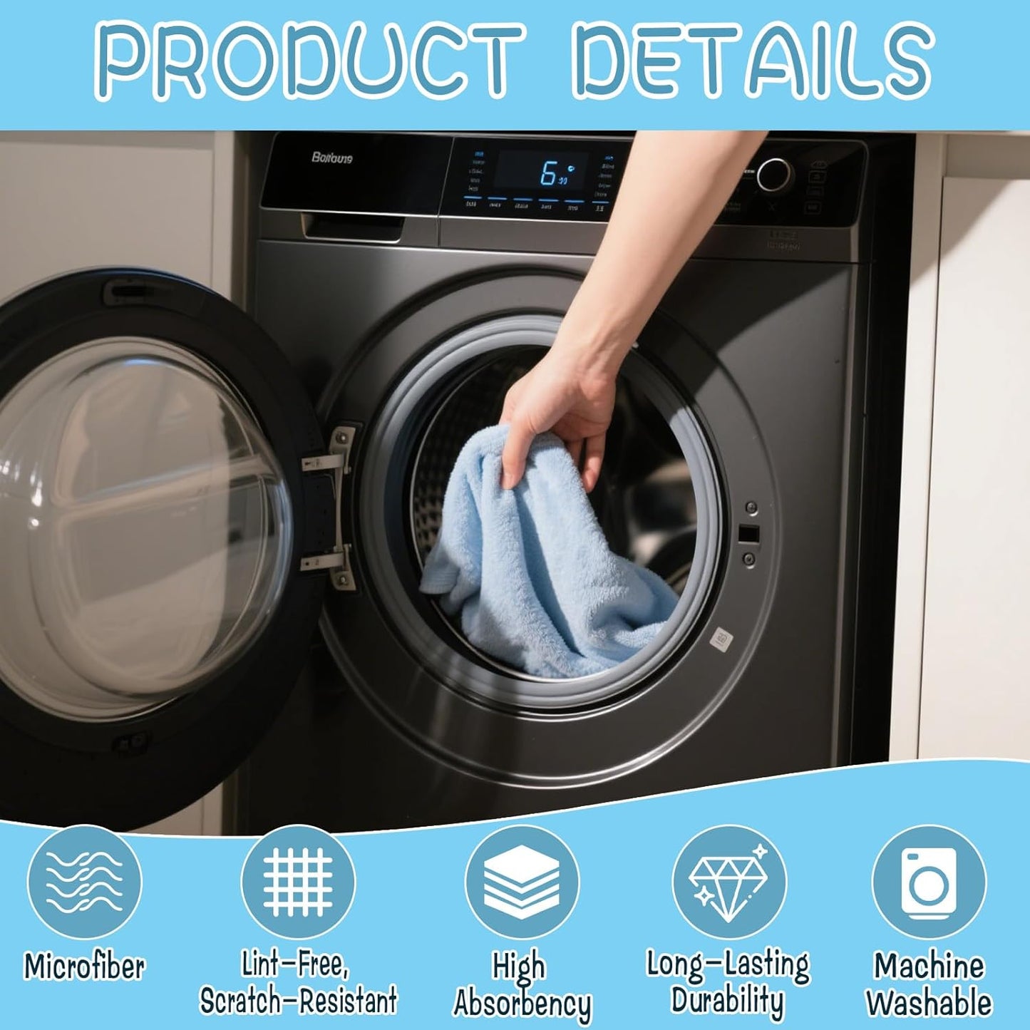 6 Pack Extra Large Microfiber Cleaning Cloths 20"x30", Lint-Free Reusable Towels for Home, Glass, Windows, Office, Kitchen, Bathroom – Mixed Blue