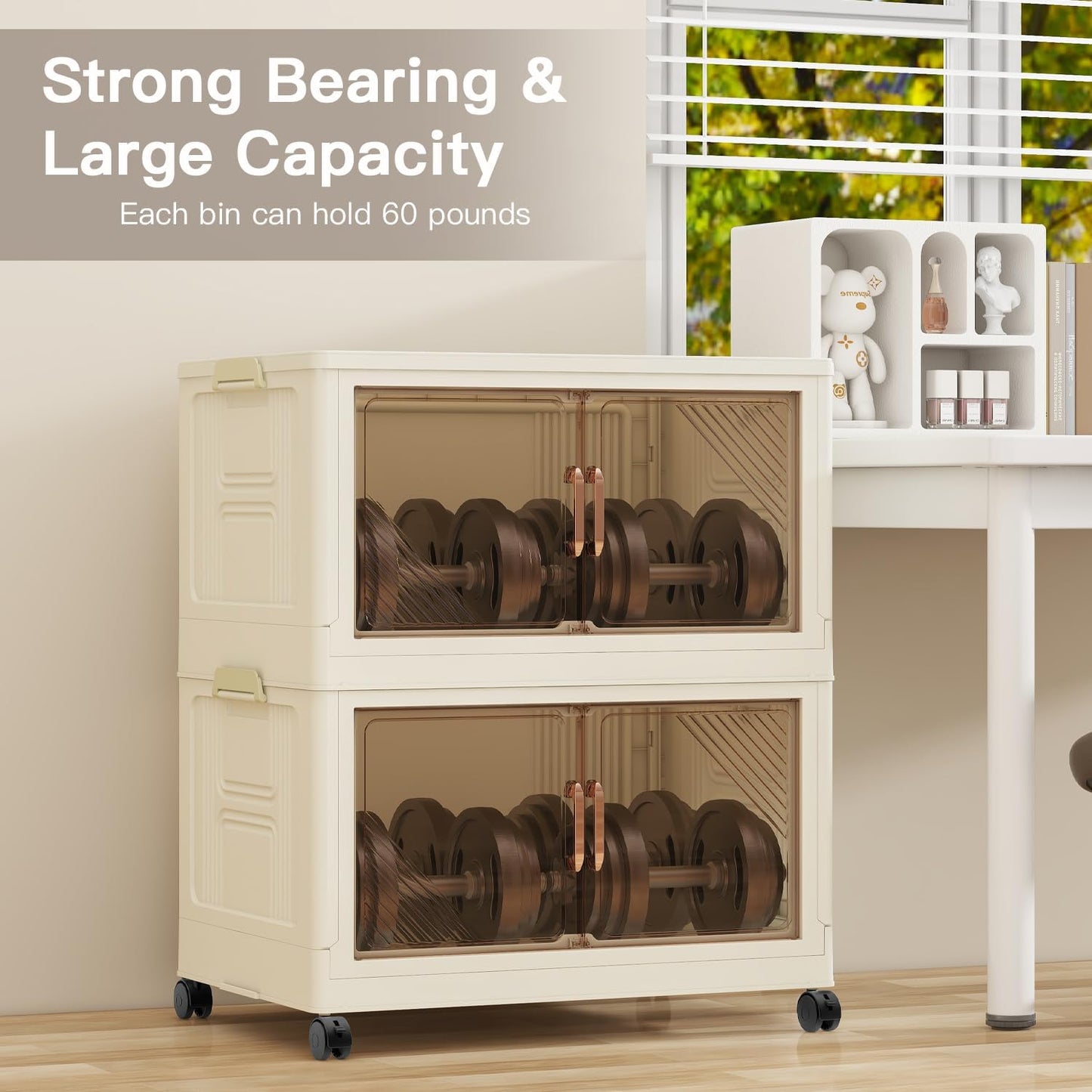 Storage Bins with 5 Lids, 92Qt Extra Large Collapsible Storage Bin with Golden Handles, 5 Packs Stackable Storage Bins with Wheels,Closet Organizers and Storage for Home, Office, Dorms