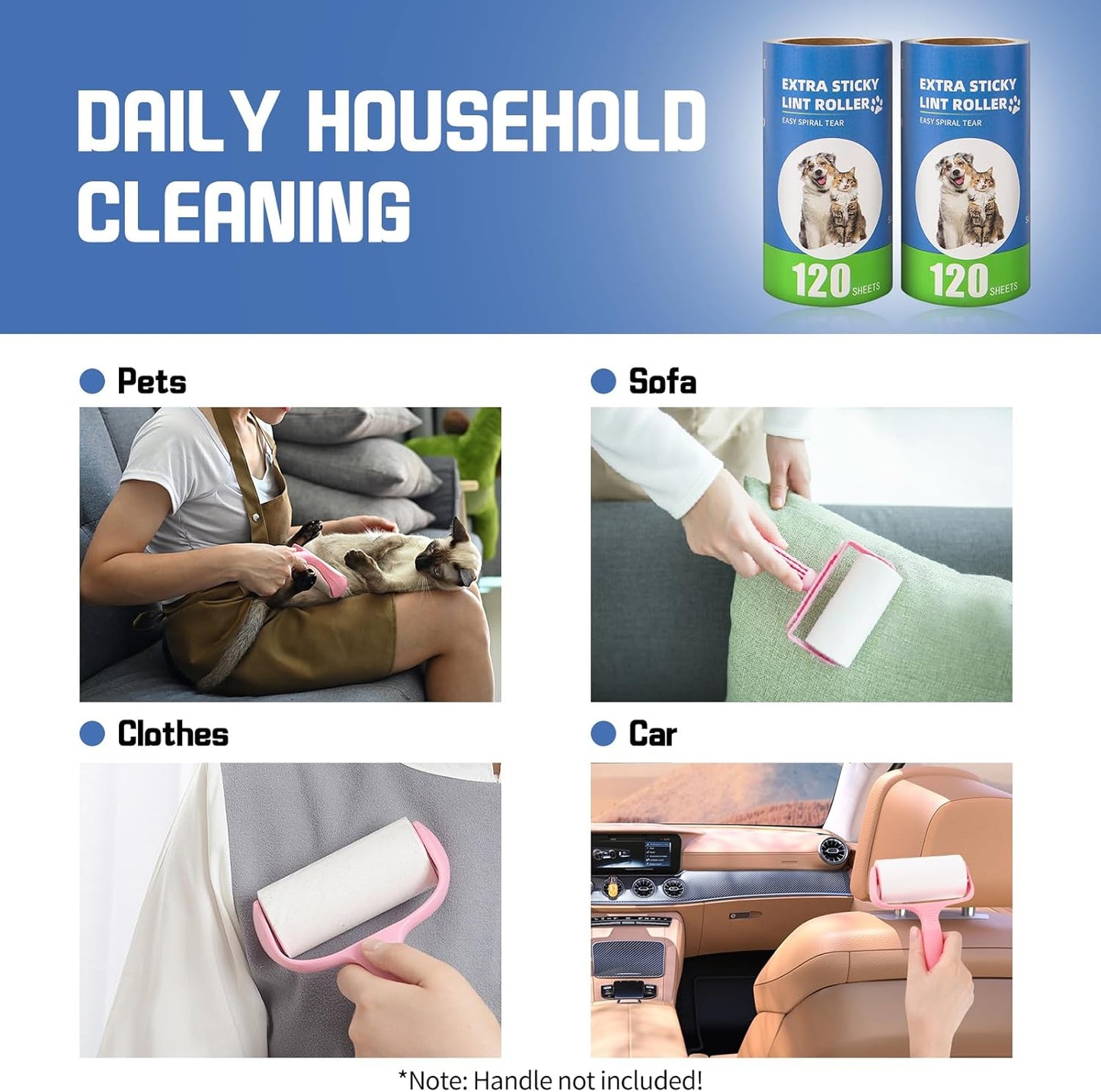 Extra Sticky Lint Roller Refills 6 Pack (720 Sheets) fit 3.8"-4" Standard Size Lint Roller Sticker with Inner Diameter at 1.5" for Pet Hair, Clothes, Furniture, Cars, No Handle Included