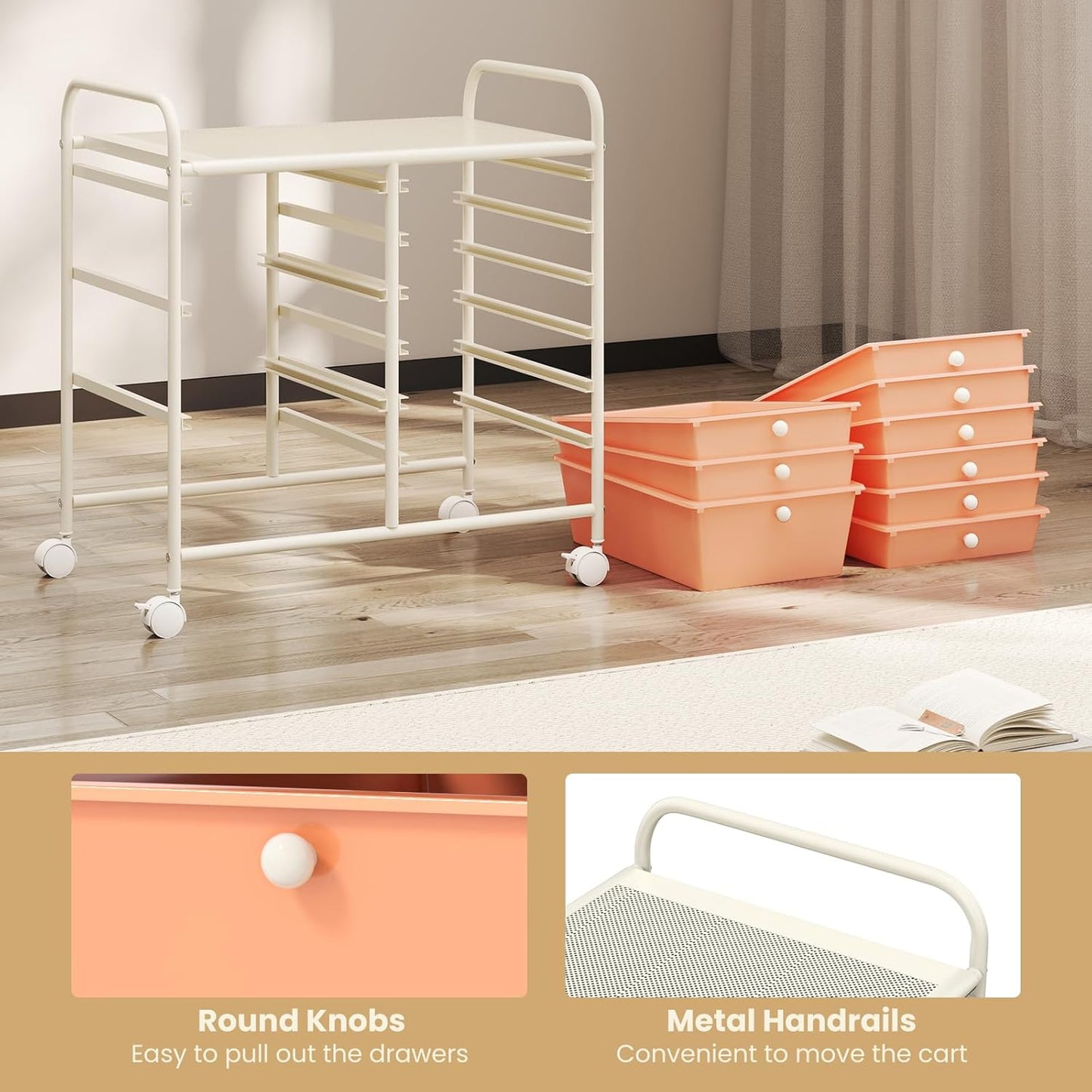 GOFLAME 9-Drawer Rolling Storage Cart, Mobile Utility Cart with Removable Drawers & Metal Frame, Art Craft Organizer Cart with Lockable Wheels, Storage Drawer Cart for Home Office School, Peach Fuzz
