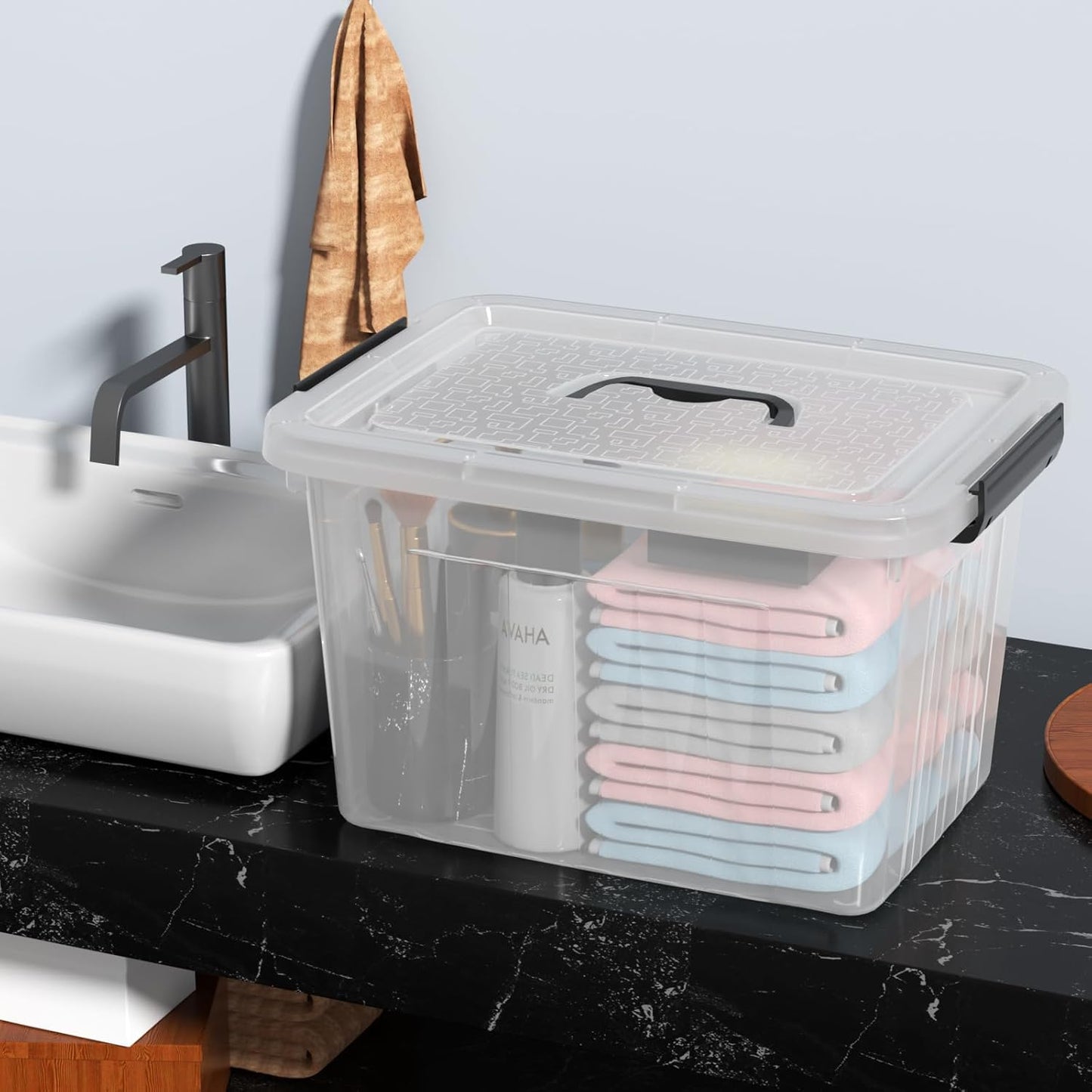 4 Packs 20 L Clear Plastic Storage Bins, Stackable Organizer Containers with Lids, Latching Box with Handle