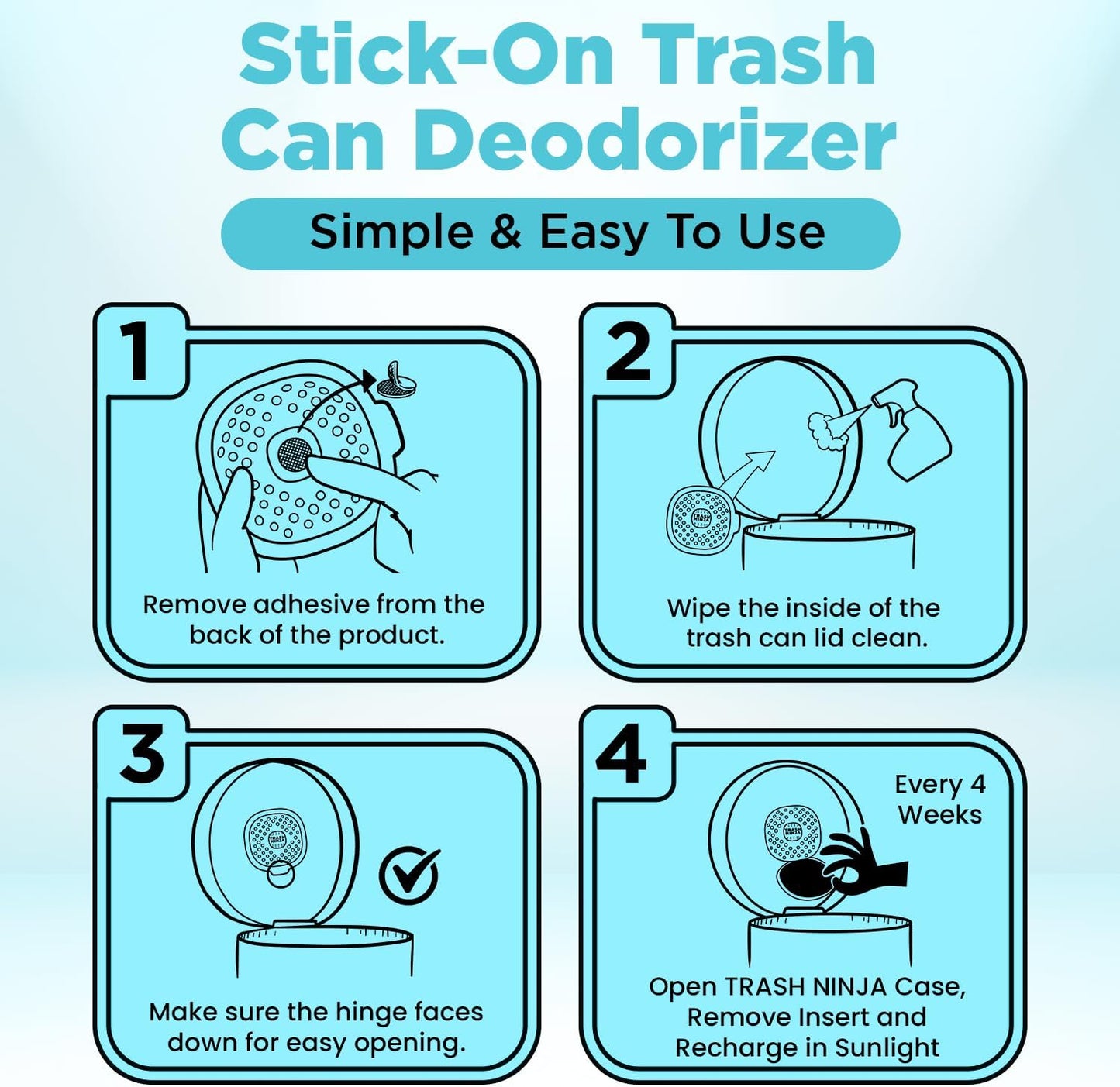 Trash Ninja Trash Can Deodorizer – Stick-On Air Freshener with Activated Charcoal and Fresh Ocean Scent for Kitchen, Bathroom, Fridge, Dumpster, and Trash Compactor Smell Removal
