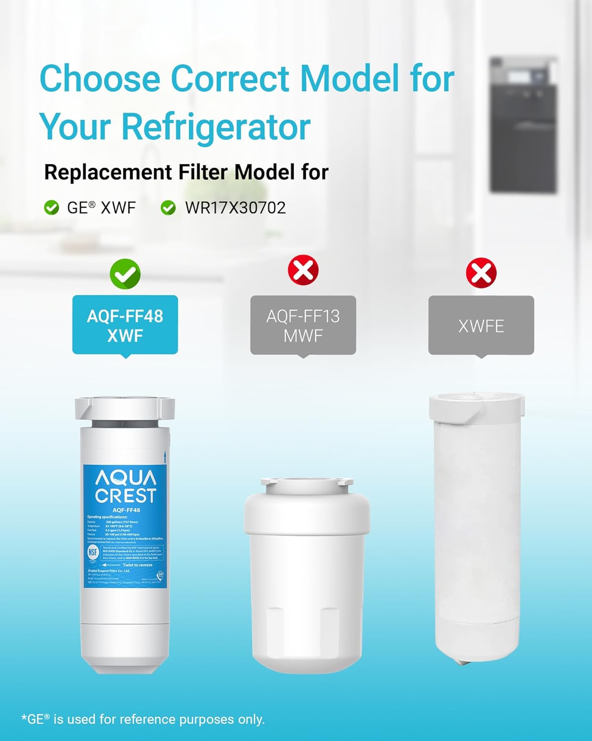 AQUA CREST XWF Replacement for GE® XWF, NSF Certified Refrigerator Water Filter, 2 Filters (Not XWFE®)