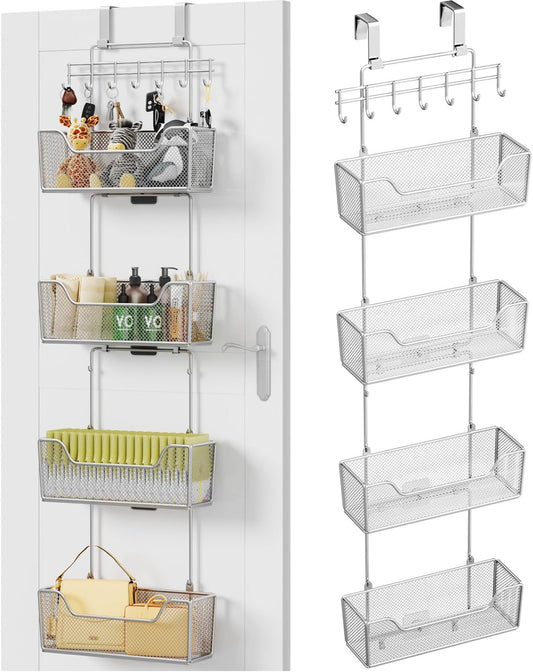 HapiRm Over The Door Organizer - Hanging Door Organizer with 4 Metal Large Capacity Baskets and Adjustable Coat Hook for Bathroom Bedroom Kitchen Pantry Closet Cabinet