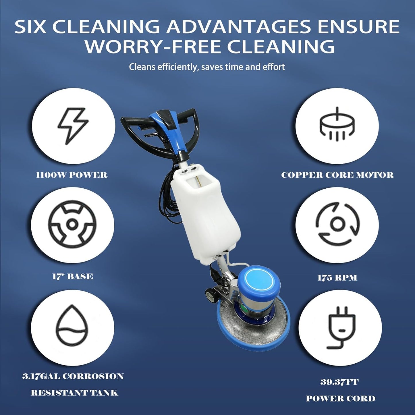 110V Floor Polisher Commercial Floor Scrubber Machine, Carpet Buffer Scrubber with 3.1gal Water Tank and 17" Base 175Rpm 1100W, for Marble/Cement/Epoxy/Rubber Floors/Wood