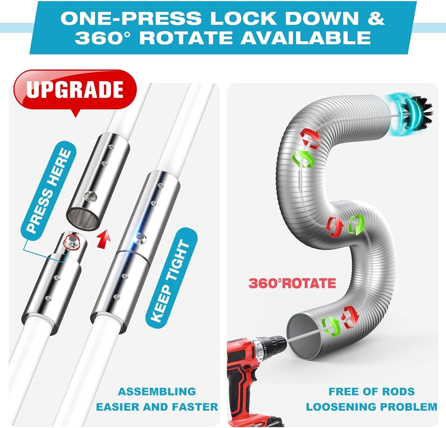 Sealegend 50 Feet Dryer Vent Cleaner Kit/Lint Remover/Fireplace Chimney Brushes/Upgraded Flexible Quick-Snap Brush with Drill Attachment for Easy to use/Cleaning Tools Use with or Without Power Drill