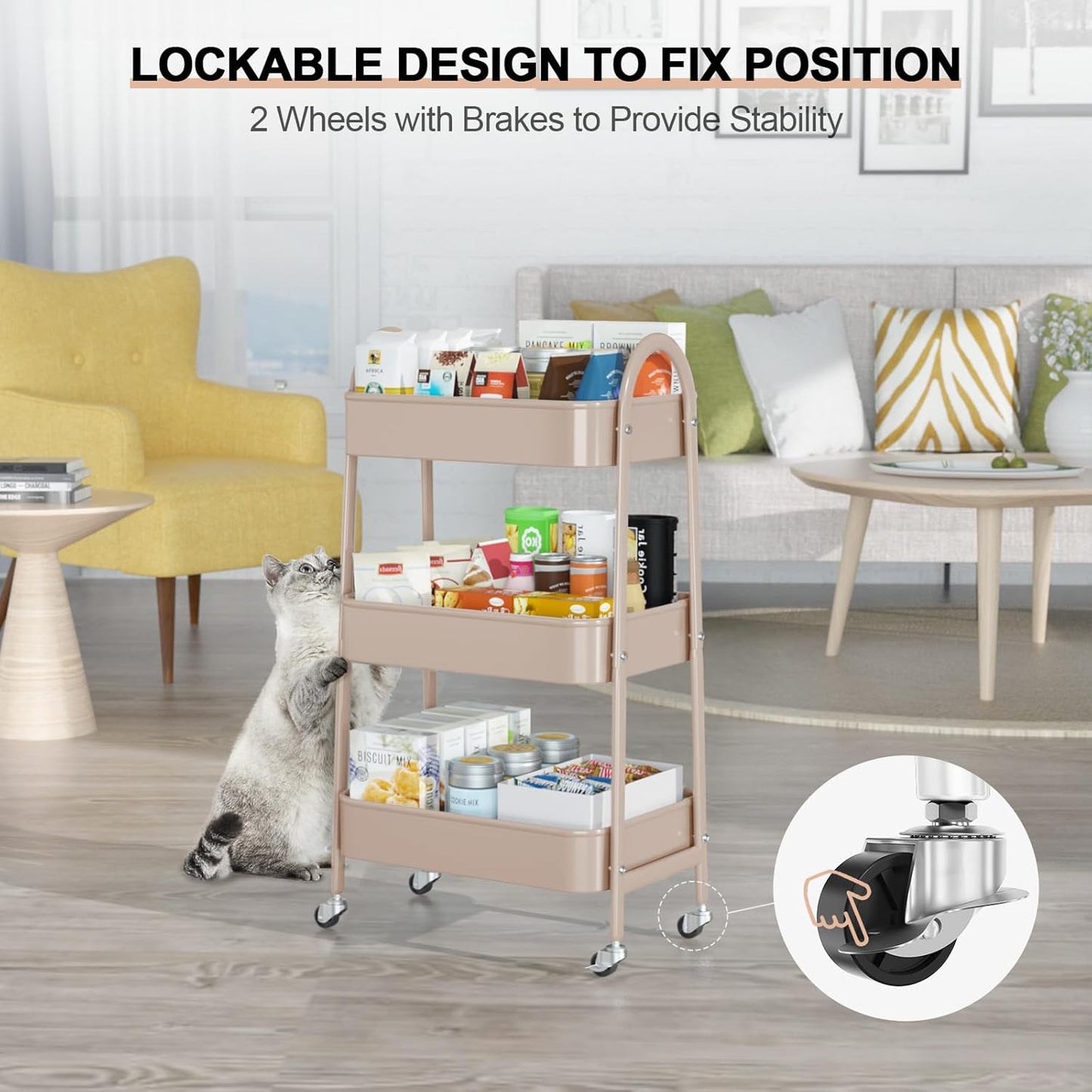 EAGMAK 3 Tier Utility Rolling Cart, Metal Storage Cart with Handle and Lockable Wheels, Multifunctional Storage Organizer Trolley with Mesh Baskets for Kitchen, Living Room, Office, Garage (Beige)