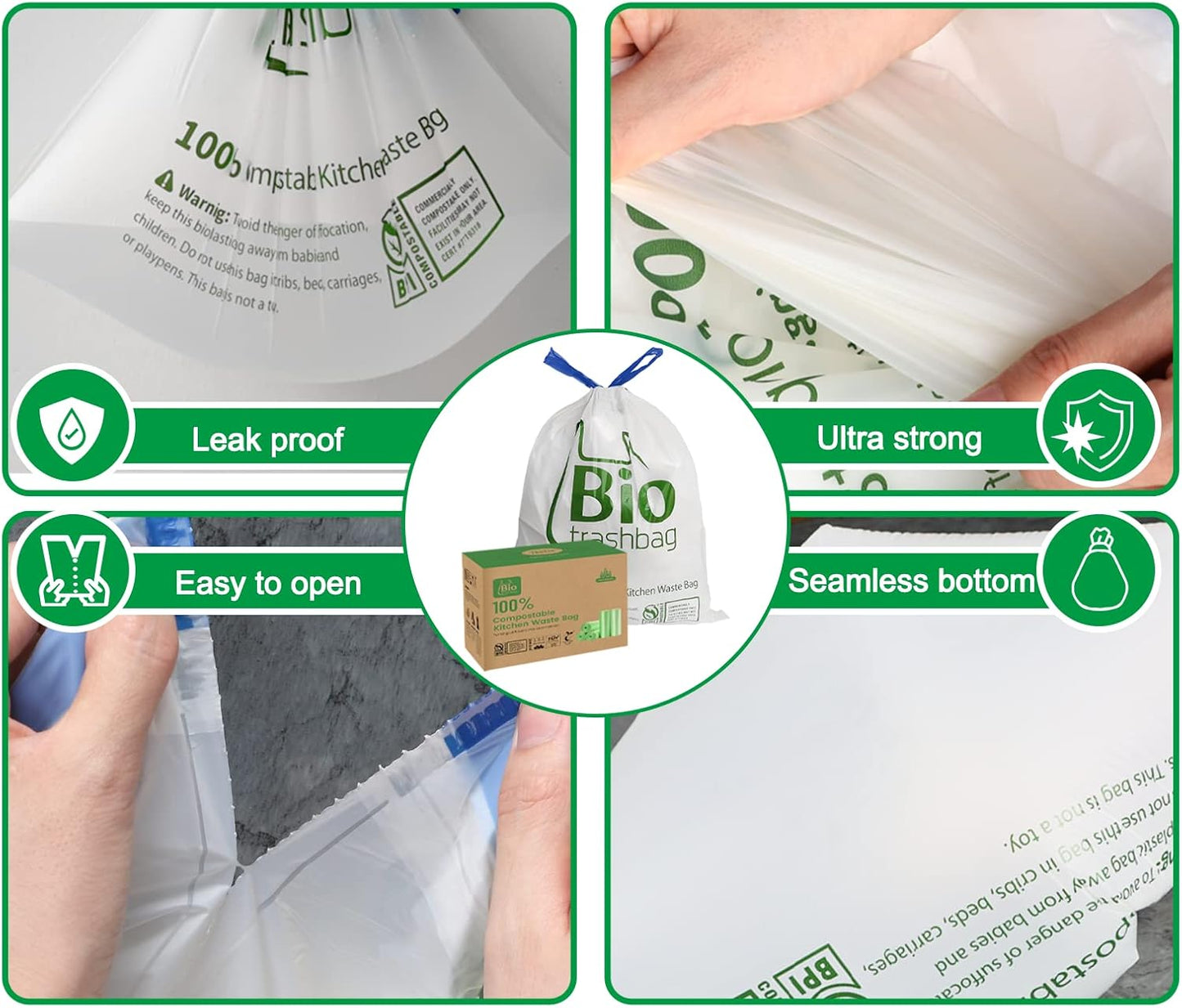 8 Gallon Compostable Trash Bags, 100 Count Drawstring Trash Bags Biodegradable, Heavy Duty Extra Thick Compost Bags, Kitchen Food Scrap Waste Bag, US BPI and OK Compost Home Certified