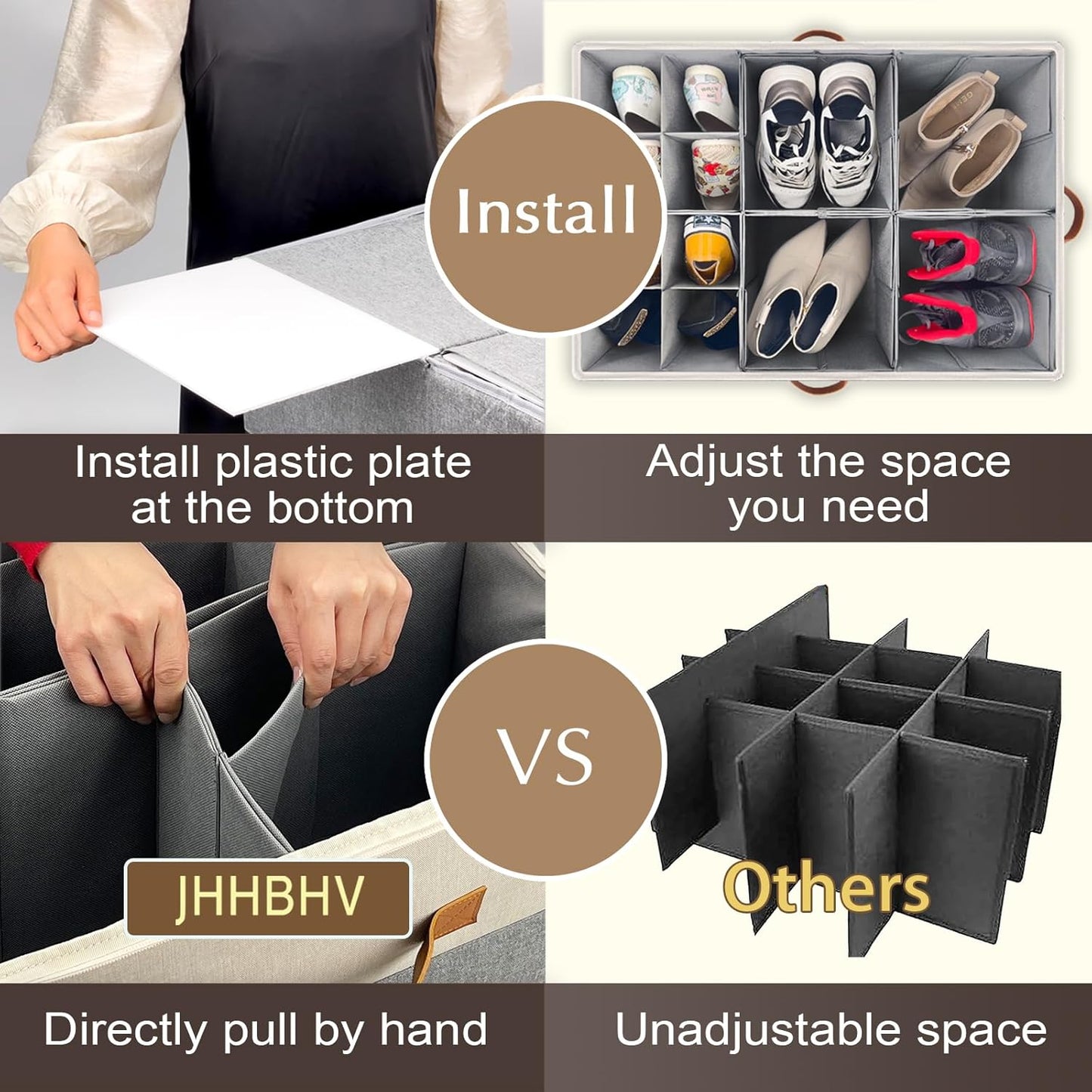 2 Pack Shoe Organizer for Closet, Adjustable Shoe Box Storage Containers, Large Foldable Shoe Bins with Clear Cover, Space Saving Shoes Holder with 4 Handles, Fits 24-48 Pairs, Beige