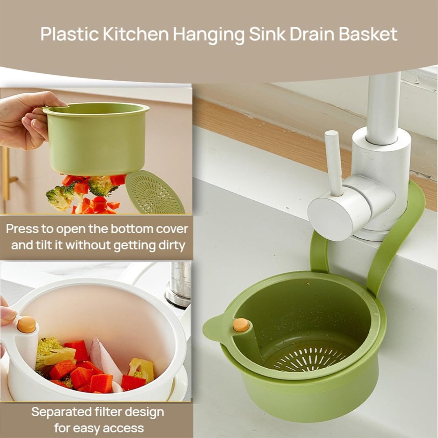 Faucet Hanging Strainer Kitchen Sink Food Waste Catcher Drain Basket, Plastic Kitchen Sink Strainer Automatic Dumping Draining Basket, Food Fruit Vegetable Drain Shelf Sink Storage Holder (Green)