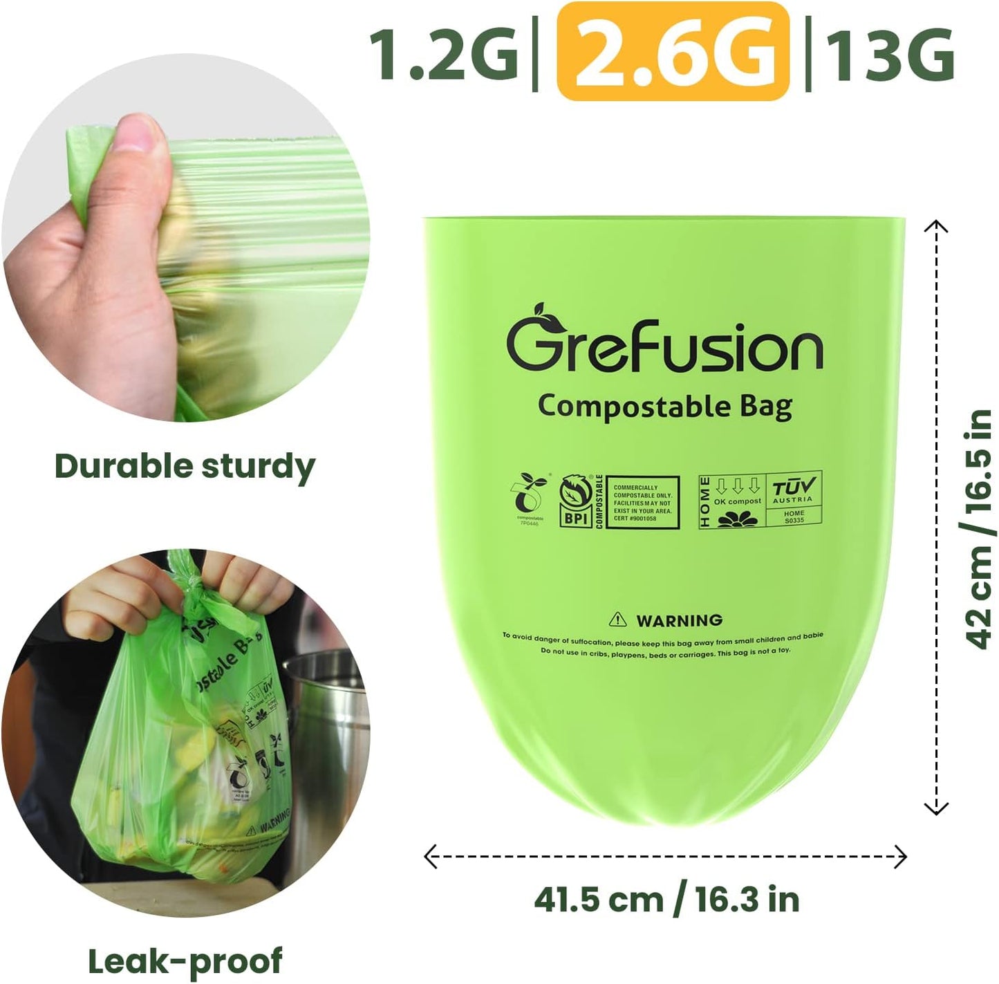 GreFusion Compostable Trash Bags, Small 2.6 Gallon, 270 Count, 0.72 Mils Thick, Eco Friendly, ASTM D6400 & BPI Certified, Composts Food Scraps, No Leaks