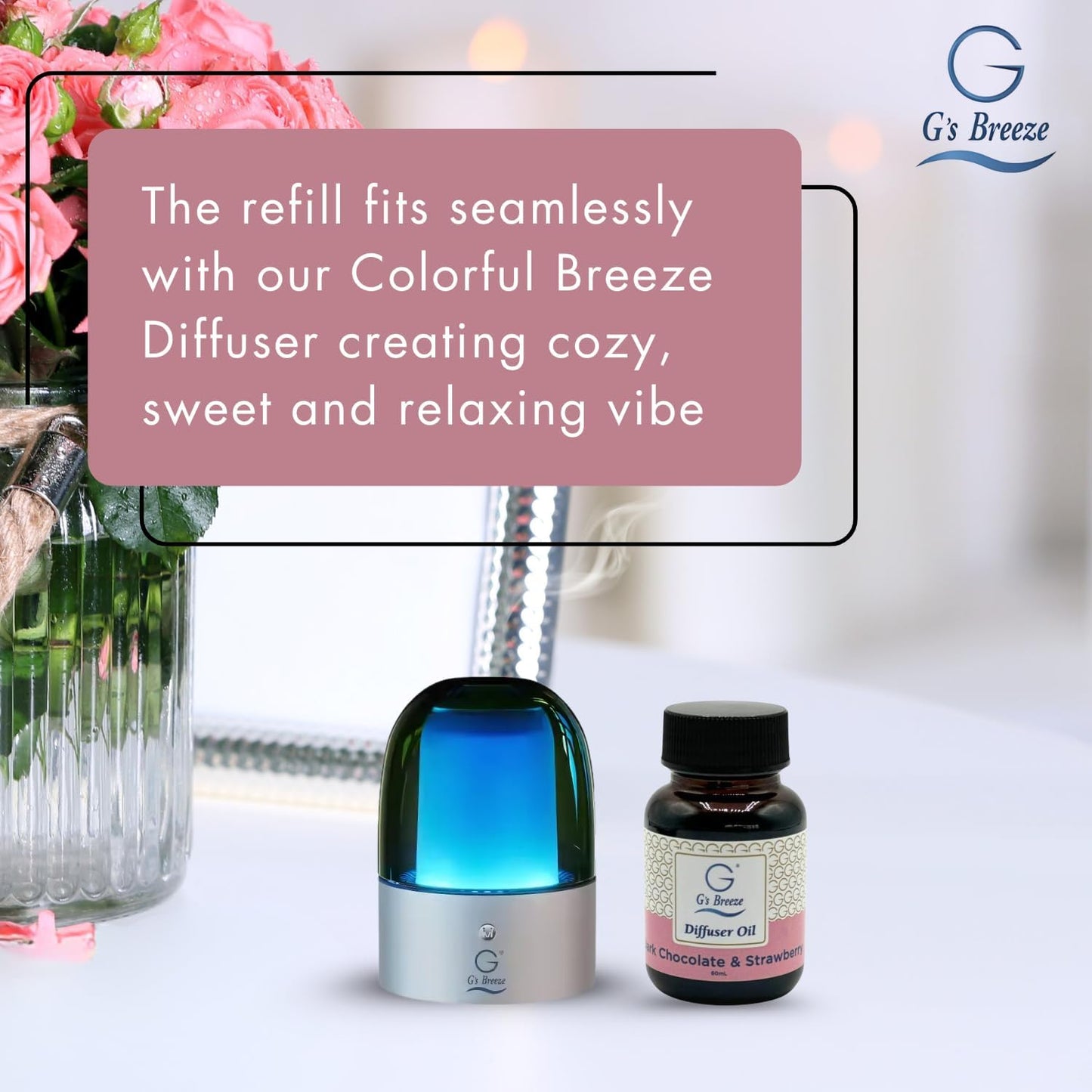 G's Breeze Dark Chocolate & Strawberry Diffuser Oil Refill - Gentle Fragrance & Soothing Aroma of Velvety Dark Chocolate with Juicy Strawberry - Long-Lasting - Ideal for Home, or Office - 60 ML