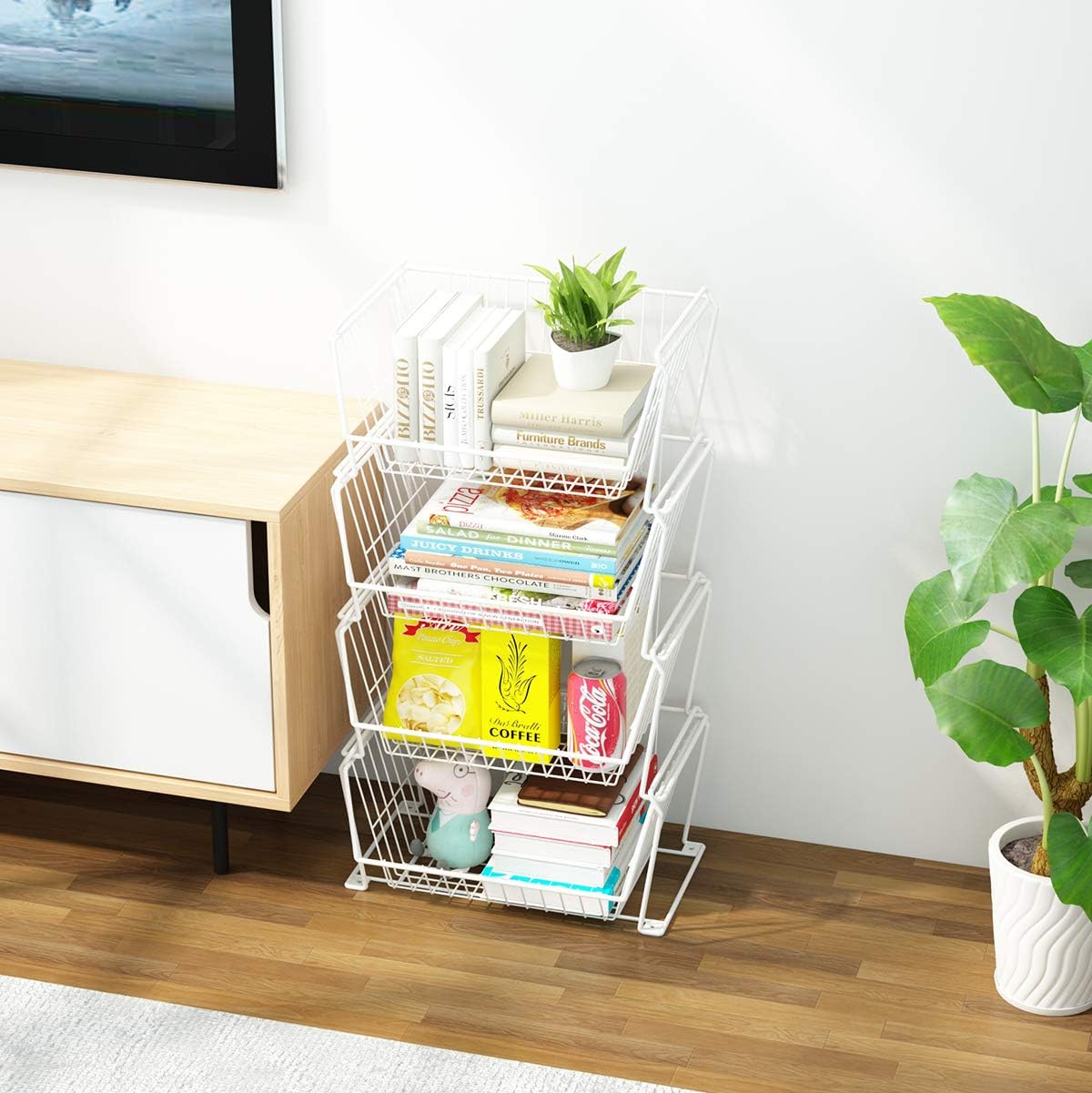 PUSDON Stackable Metal Storage Carts, Dual Use Shelf for Kitchen Fruit Vegetable Baskets with Wheels, Storage Rack for Living Room, Home & Office, Standard White 4 Tiers