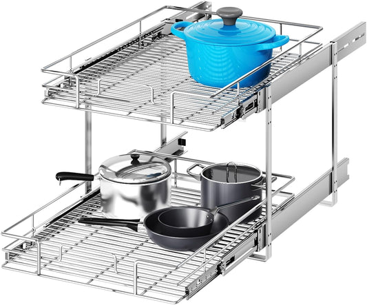 2 Tier Individual Pull Out Cabinet Organizer 19½" W x 21½" D, Heavy Duty Cabinet Pull Out Shelves, Slide Out Drawers Organization for Kitchen Cabinets Bathroom