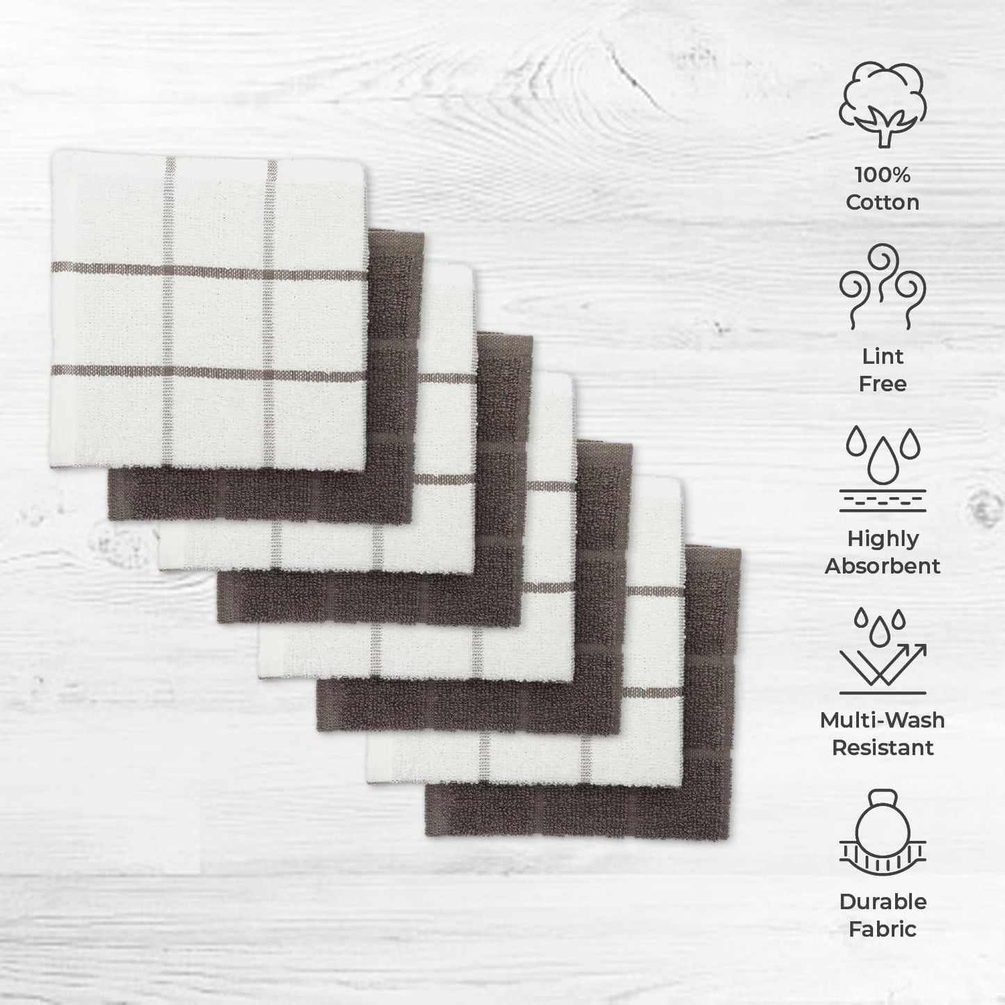 100% Cotton Terry Dish Cloth & Dish Towel, 6 Pack, Super Soft and Absorbent Kitchen Towels, Perfect for Kitchen Cleaning and Dish Washing (Grey (Solid and Checks) 8 Pack)