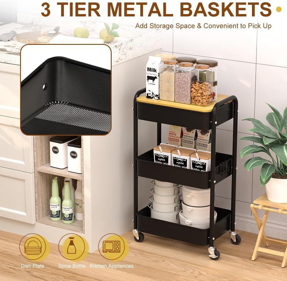 3 Tier Metal Utility Cart, Rolling Storage Cart with Wooden Tabletop, Metal Organizer Cart with Lockable Wheels for Office, Bedroom, Kitchen and Living Room (Black)