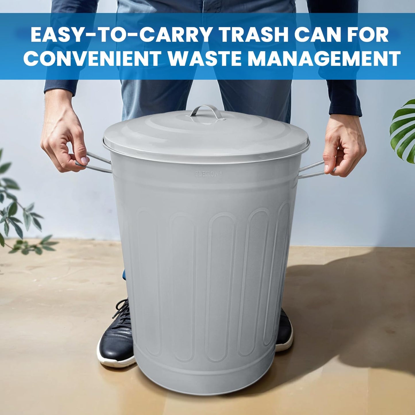 Plexon Round Trash Can 13 Gallon, Vintage Metal Outdoor Trash Can with Lid, Retro Farmhouse Garbage Container, Old School Modern Ash Bucket, Gray