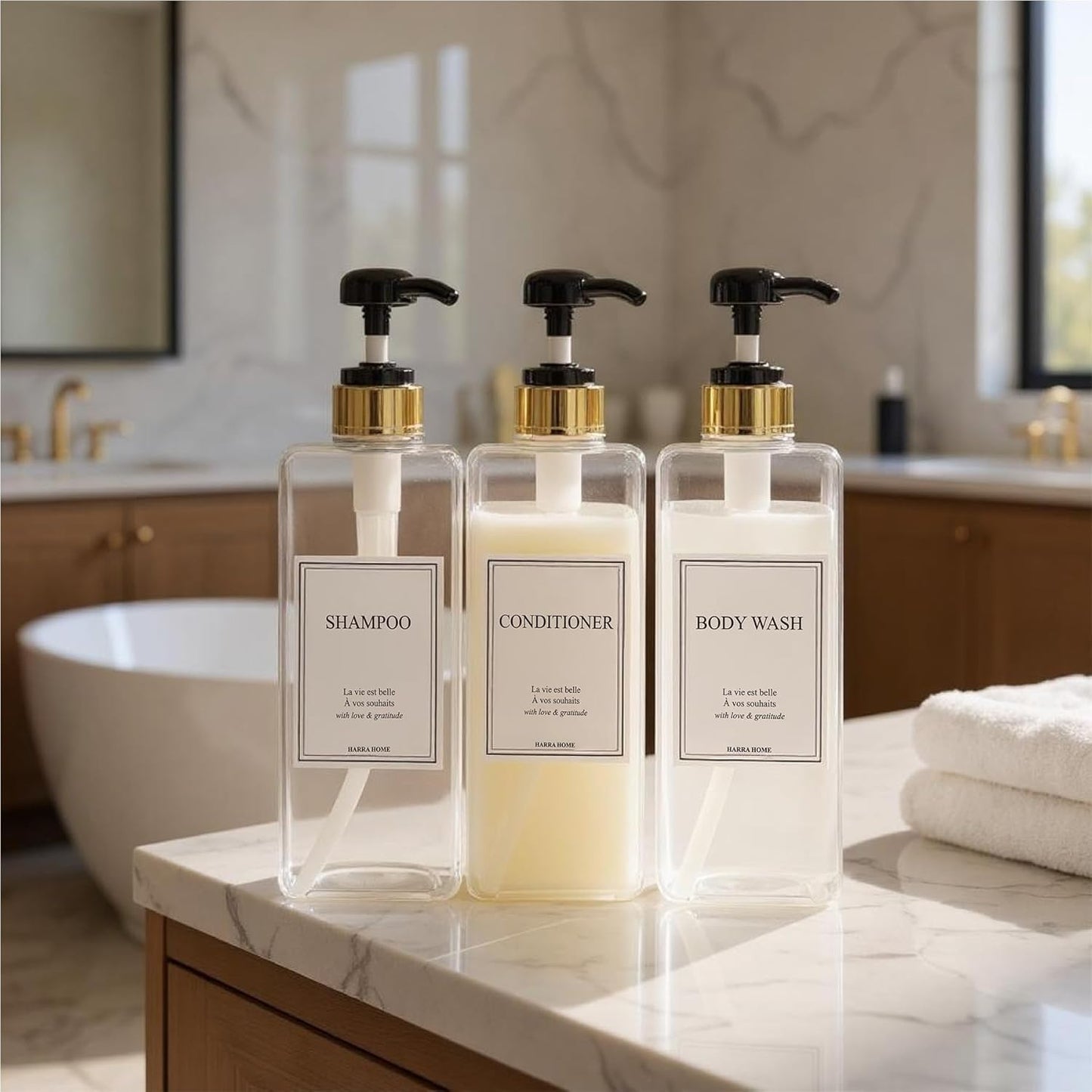 Modern Gold Design Large 27 oz Shampoo and Conditioner Dispensers - Empty Plastic Refillable Pump Bottle Set for Bathroom Shower Soap Dispenser, Set of 3 (Clear & Black)