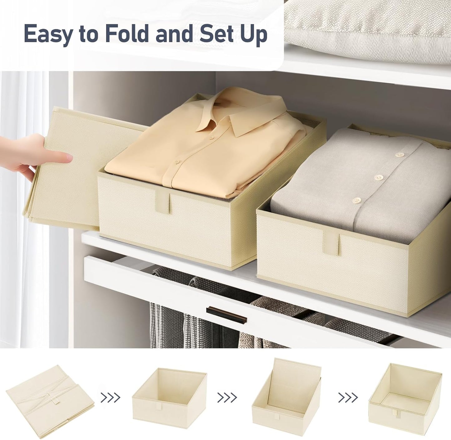 DIMJ Clothing Organizer Storage Boxes - 6 Packs Fabric Traprzoid Storage Bakskets, Fabric Bins for Closet with Front Handle, Closet Cubes Organizer for Parents Renters Students RV Owners (Beige)