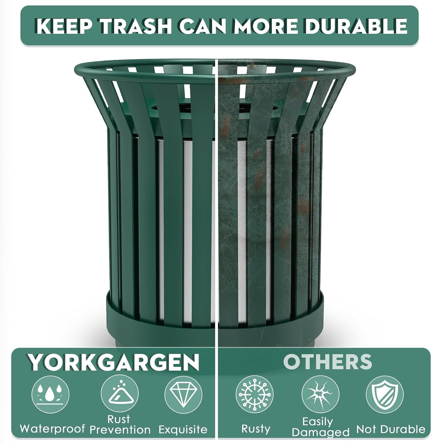 16Gallon/62L Commercial Outdoor & Indoor Metal Trash Can, Outdoor Slatted Trash Receptacle with Metal Linner, All Weather Resistant Large Outside Zone Round Garbage Bin for Street, Park, School-Green