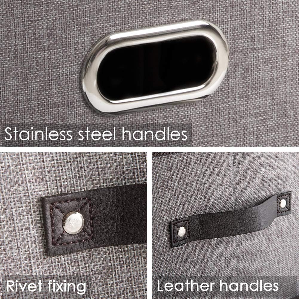 PRANDOM Large Foldable Storage Bins for Shelves [3-pack] Decorative Linen Fabric Storage Baskets Cubes with Leather/Metal Handles for Closet Nursery Office Grey and Black Trim (14.9x9.8x8.3 Inch)