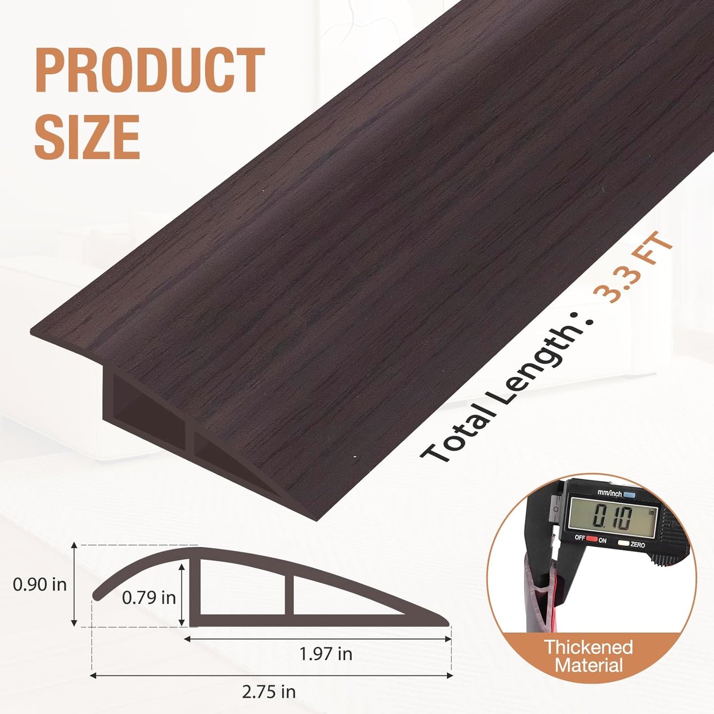 Floor Transition Strip Self Adhesive Vinyl Door Threshold for Doorways Carpet Edging Trim Overlap Edge Reducer for Laminate Floor, Carpet, Tile (Dark Walnut Grain, 3/5" to 4/5", 3.3Ft)