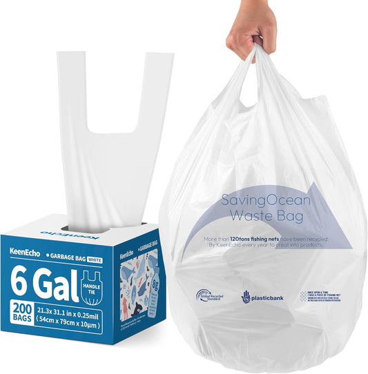 Small Trash Bags with Handles 6 Gallon 200 Count White - Ocean Plastic Upcycling - Plastic Garbage Bags, Can Bin & Waste Basket Liner for Kitchen, Bathroom, Office and Pets