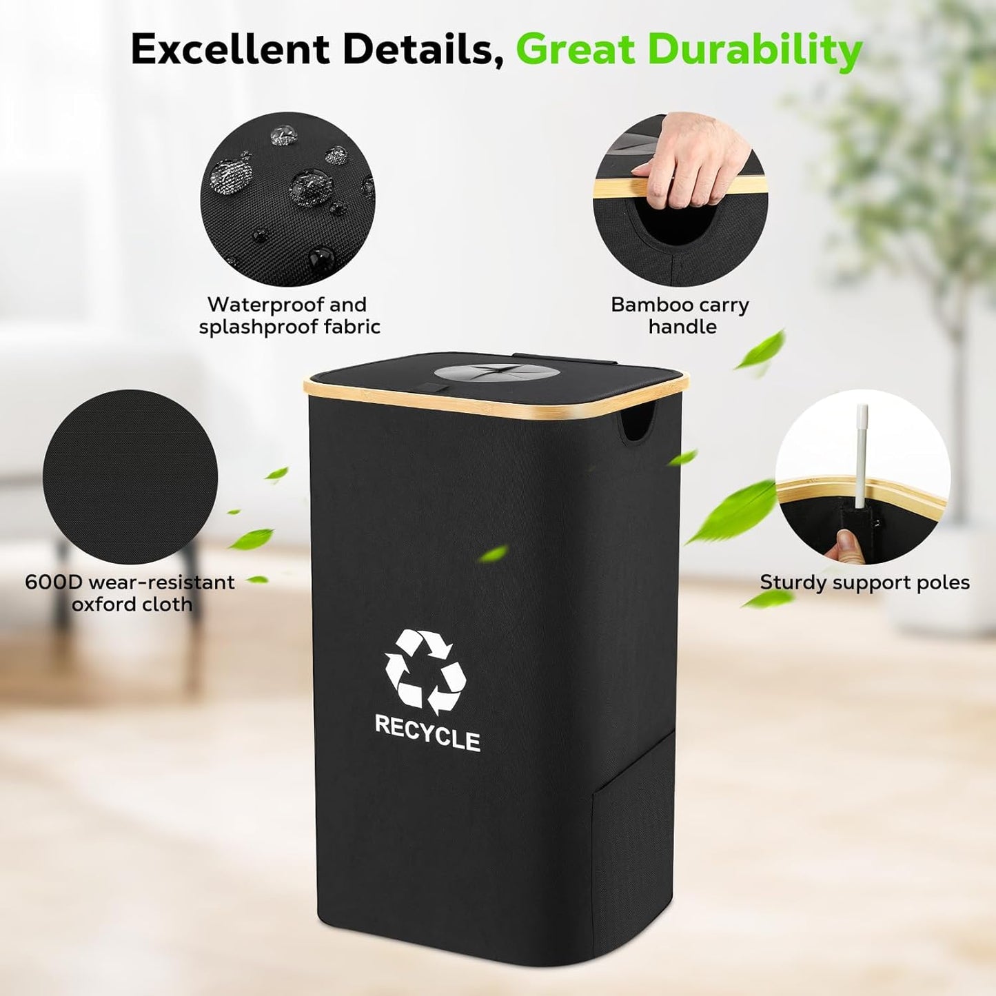 Recycling Bin for Kitchen 100L, 26 Gallon Recycle Bin with 2 Removeable Reusable Waterproof Inner Bag, Large Recycling Bin with Lid for Bottle Can Plastice Stickers (Black)