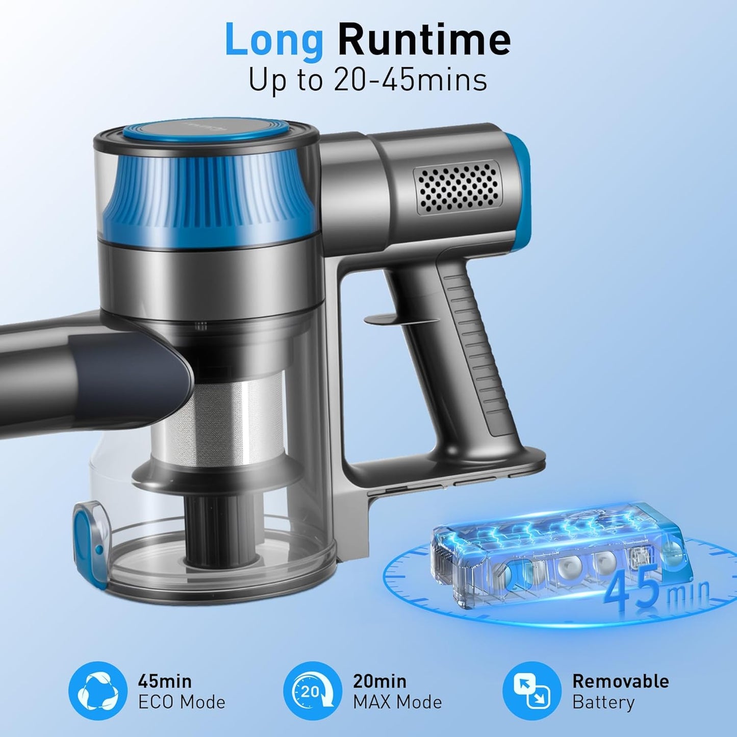 250W 25KPa Suction Cordless Vacuum Cleaner, 6-in-1 Lightweight Stick Vacuum with LED Display & Detachable Battery, 45 Mins Runtime for Hard Floor, Carpet, Pet Hair, Car Cleaning