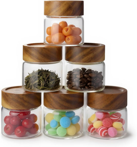 6-Pack 6 oz Airtight Food Sealed Jars with Acacia Wood Lids - Glass Meal Prep Containers for Overnight Oats, Snack Storage, Chia Pudding, Pantry Organization Essentials