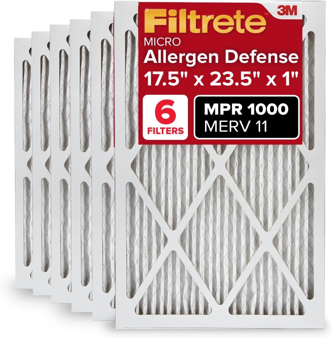 Filtrete 17.5x23.5x1 AC Furnace Air Filter, MERV 11, MPR 1000, Micro Allergen Defense, 3-Month Pleated 1-Inch Electrostatic Air Cleaning Filter, 6 Pack (Actual Size Pack 17.19x23.19x0.81 in)