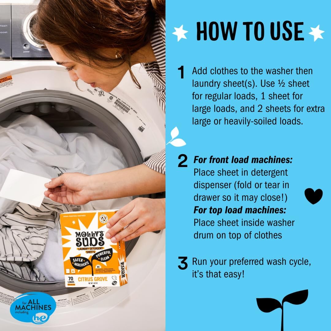 Molly’s Suds Laundry Detergent Sheets | Gentle on Sensitive Skin, Powerful Bio-Based Enzymes, Stain-Fighting | Liquidless & Plastic-Free Packaging | 70 Loads (Peppermint)