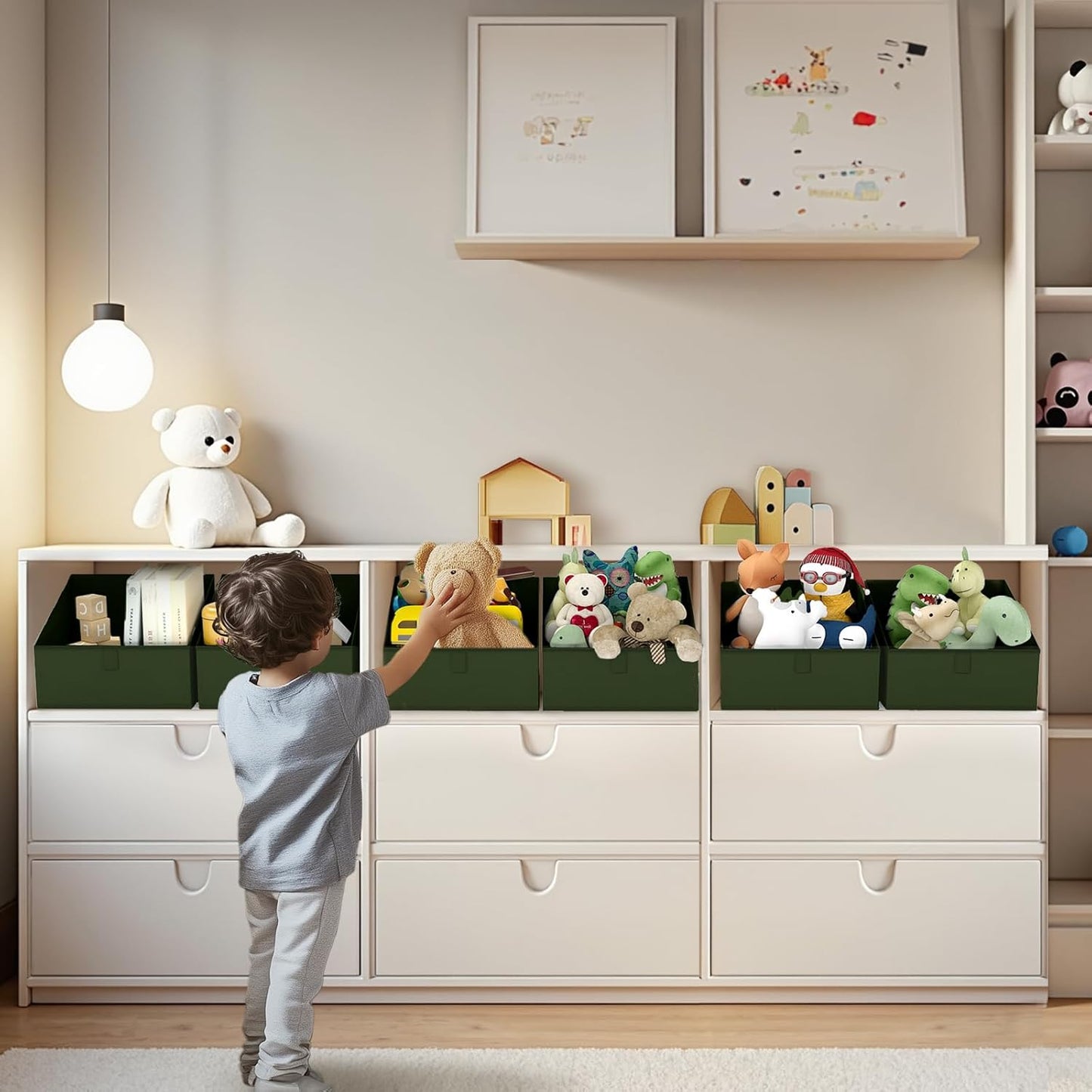 DIMJ Closet Storage Bins 6 Pack - Fabric Trapezoid Closet Organizer Bin, Foldable Storage Baskets for Shelves, Closet Shelf Organizer, Clothing Storage Box for Toys, Books, Towel, Clothes, Green