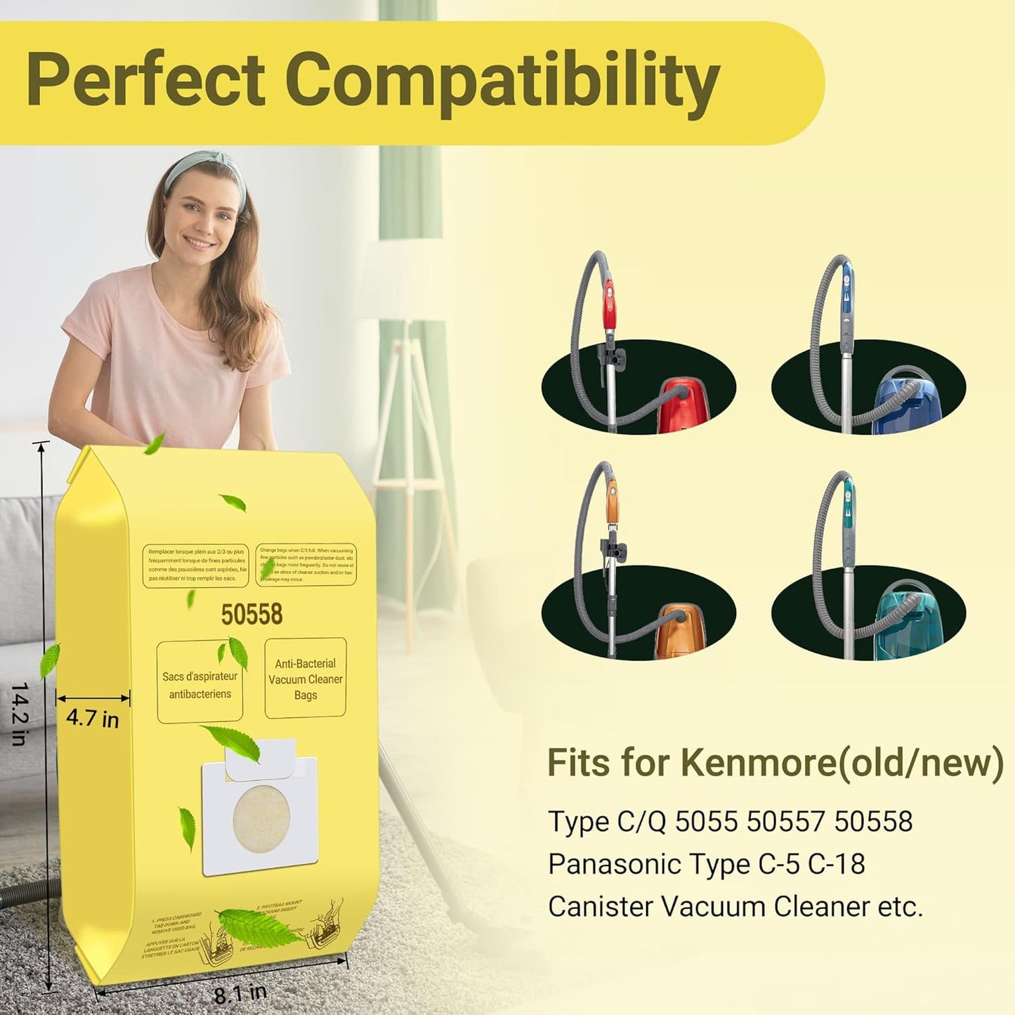 50558 Vacuum Cleaner Bags Replacement for Kenmore Canister Type C/Q 5055, 50555, 50557, 50558 and Pana·sonic Type C-5, C-18, 200 Series, 400 Series, 600 Series, 800 Seires Vacuum - 12 Pack