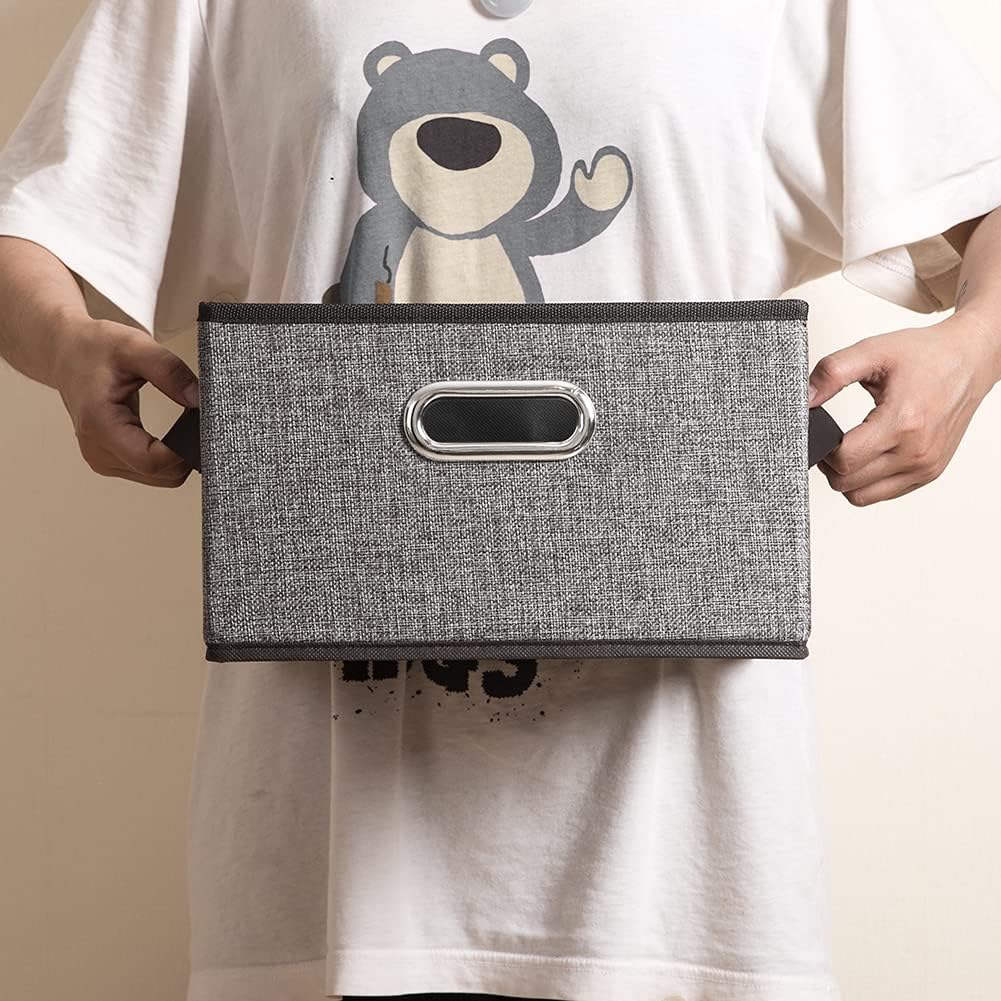 PRANDOM Fodable Storage Baskets for Closet [5-Pack] Decorative Fabric Storage Bins Cubes with Leather/Metal Handles for Shelves Bedroom Living Room Grey (11.5x8.5x6.7 Inch)