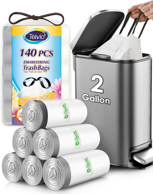 Teivio 2 Gallon 140pcs Strong Drawstring Trash Bags Garbage Bags, Bathroom Trash Can Bin Liners, Small Plastic Bags for Office Kitchen Home, White