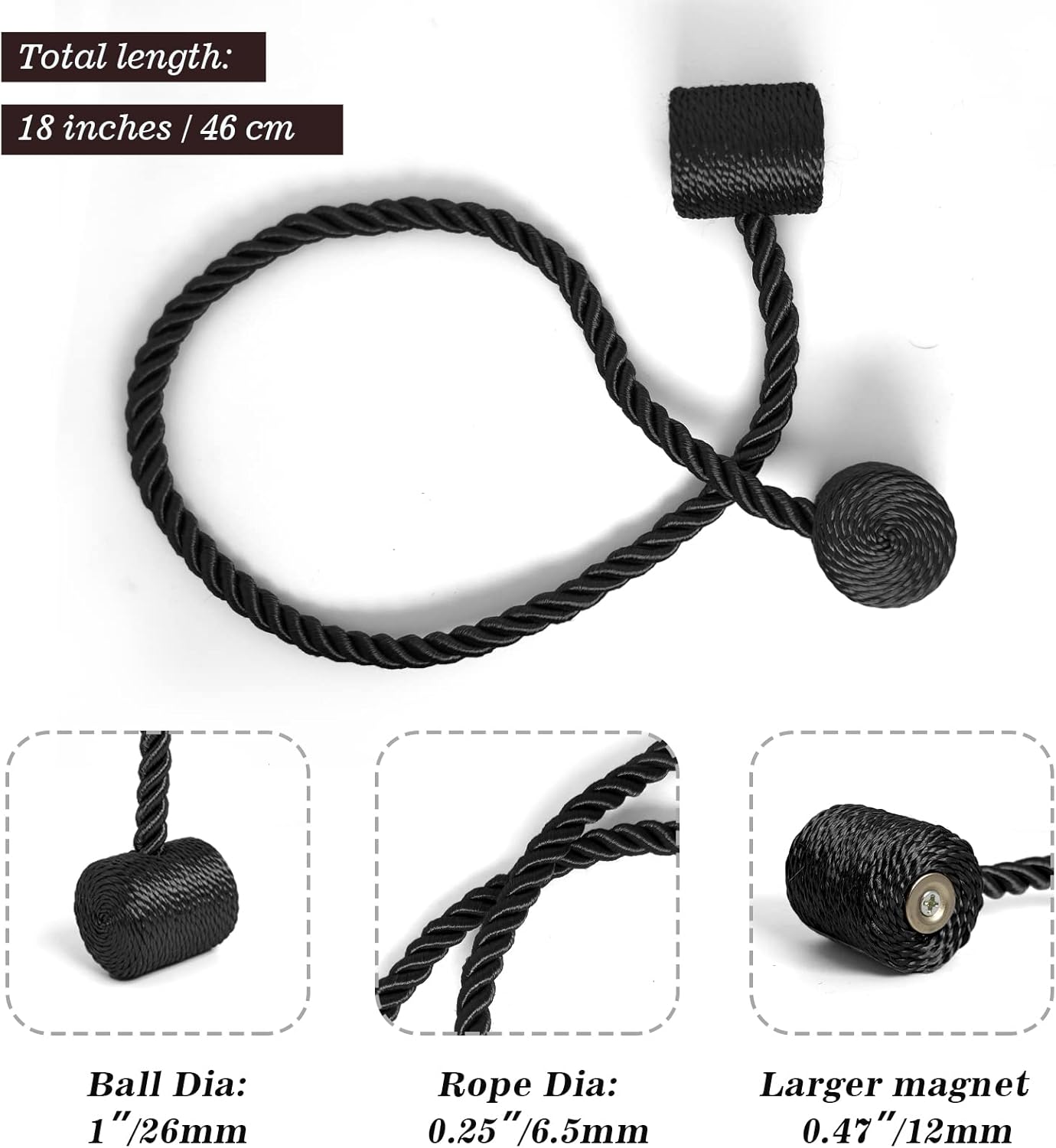 Hion Magnetic Curtain Tiebacks Black 2pcs, Curtain Tiebacks Buckles Holdbacks Holders Hooks Clip for Home Bedroom Office Decorative Curtain