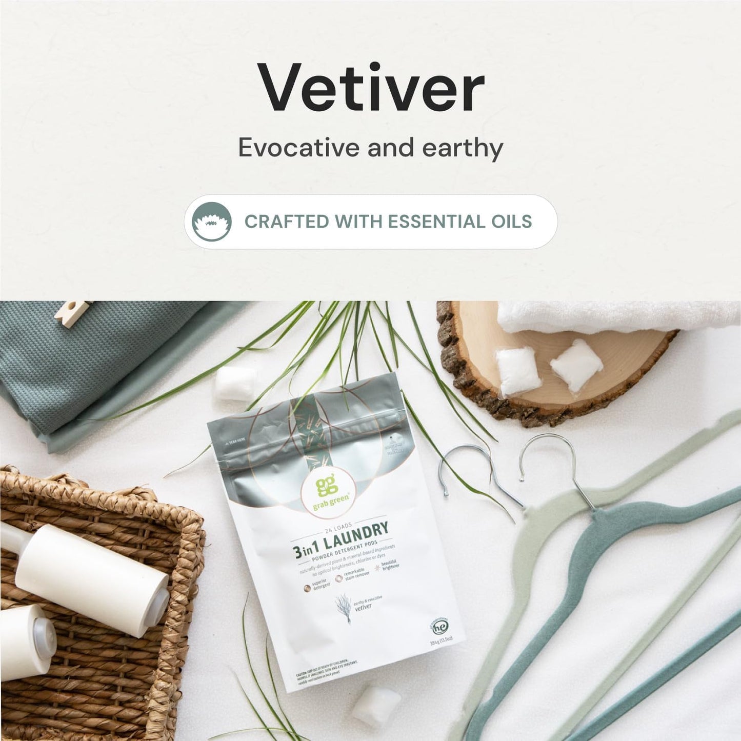 Grab Green 3-in-1 Laundry Detergent Pods, 24 Count, Vetiver Scent, Plant and Mineral Based, Superior Cleaning Power, Stain Remover, Brightens Clothes