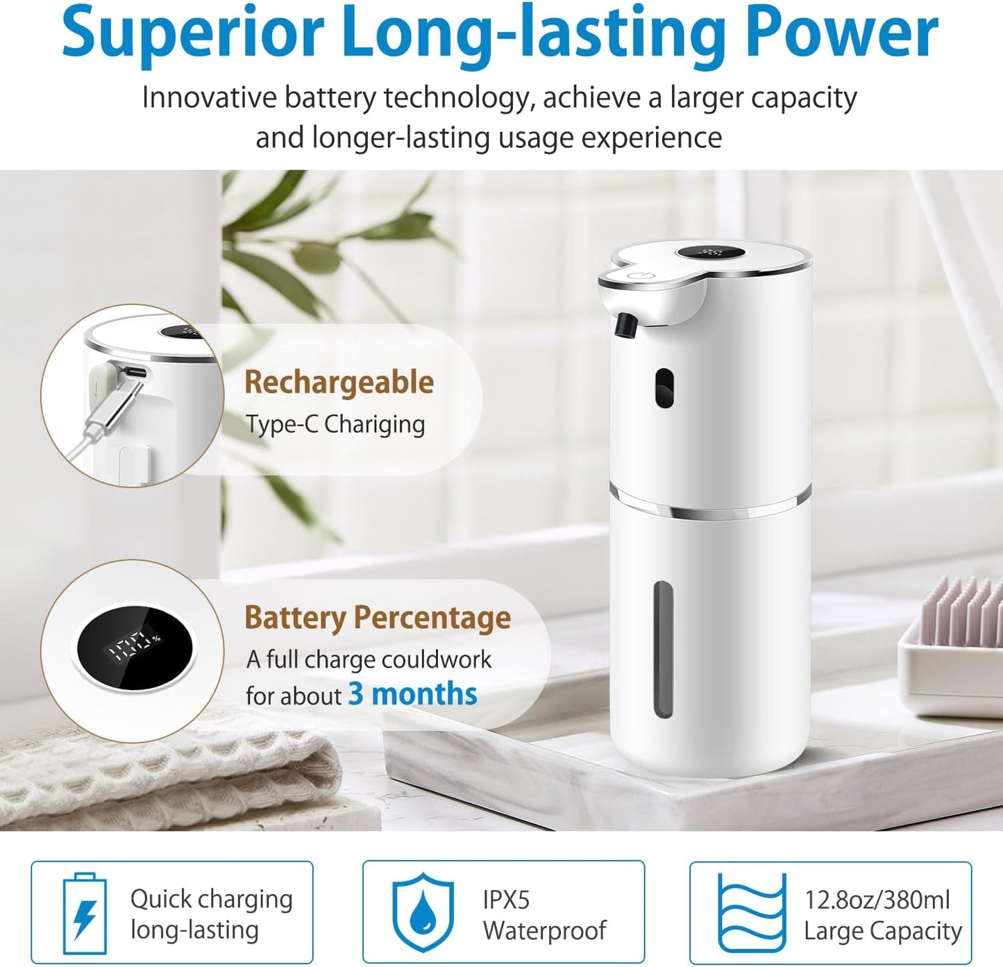 Automatic Foaming Soap Dispenser 12.8oz, Rechargeable & 6 Levels Foaming Adjustable with Digital Display, Wall Mount, Waterproof, Touchless Hand/Dish Soap Dispenser for Kitchen, Bathroom, Hotel