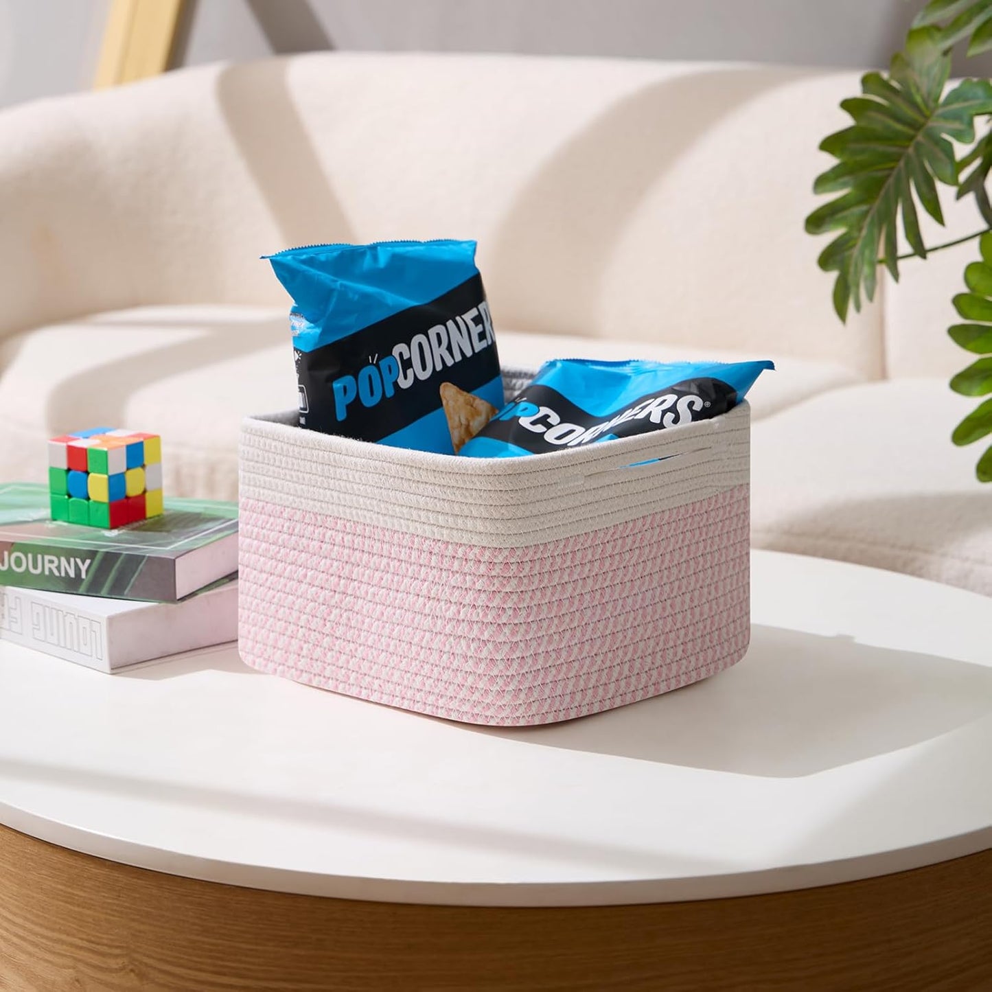 Small Organizing Baskets for Cubes Shelf, 9.7x9.7x7.1 Inch Rope Woven Storage Bins for Nursery Shelves Storage, Cute Toy Basket, Square 3 Packs Off White Pink