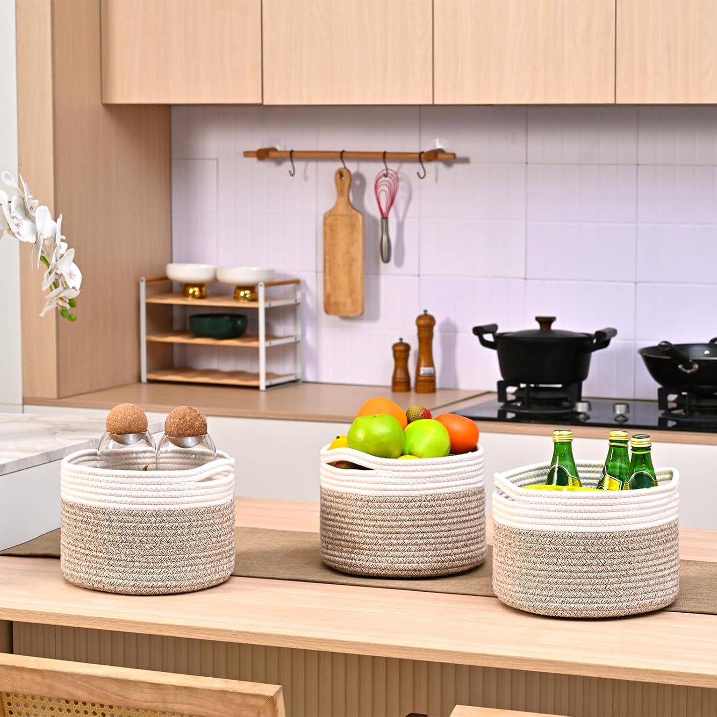 Small Storage Baskets for Organizing, Organizer Baskets for Shelves, Small Woven Basket for Storage, Cute Brr Basket for Gifts Empty, 9.7"×9.7"×7" (3 Packs) Off White & Brown